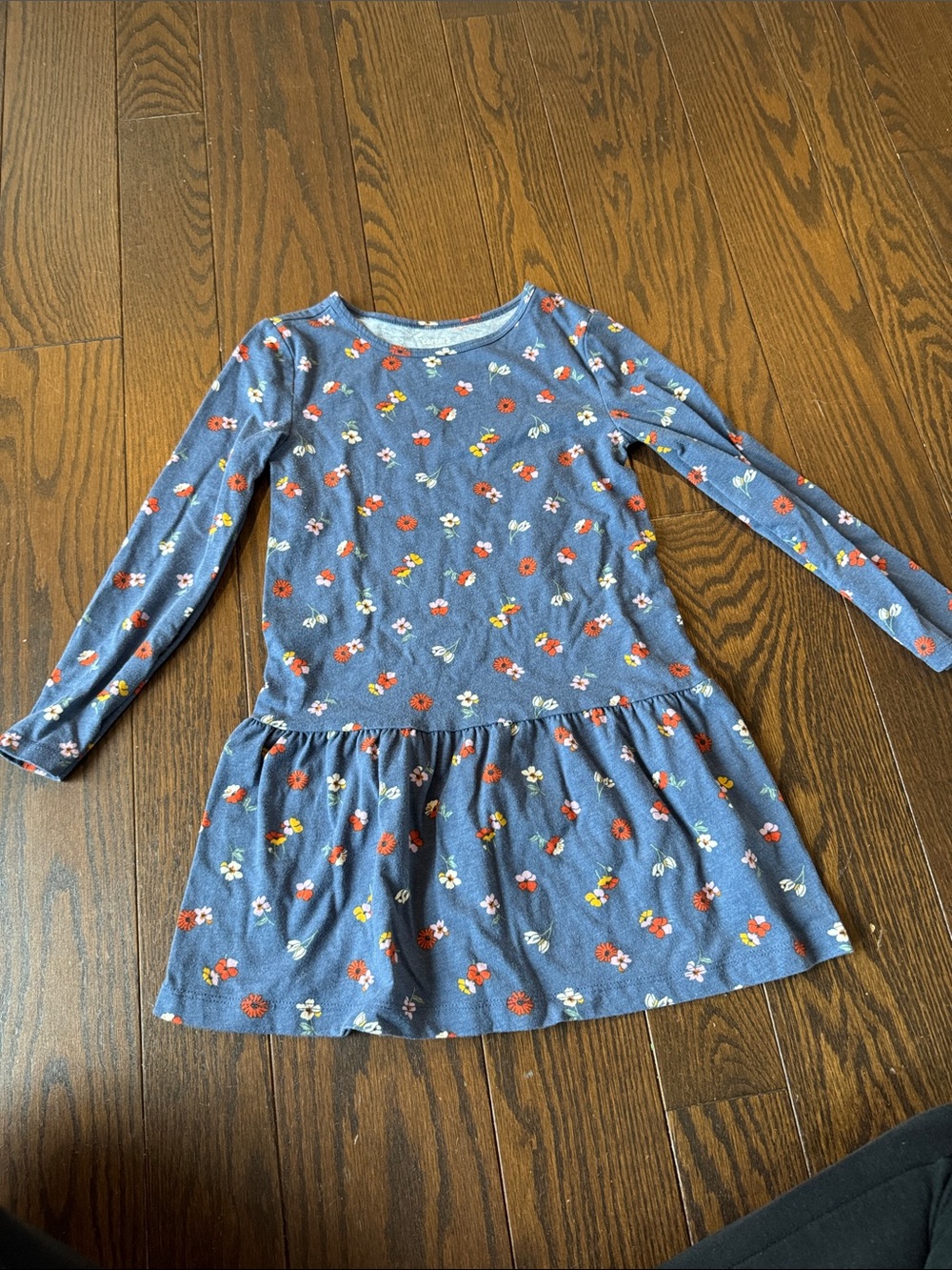 Girls' Blue Floral Long-Sleeve Drop-Waist Dress